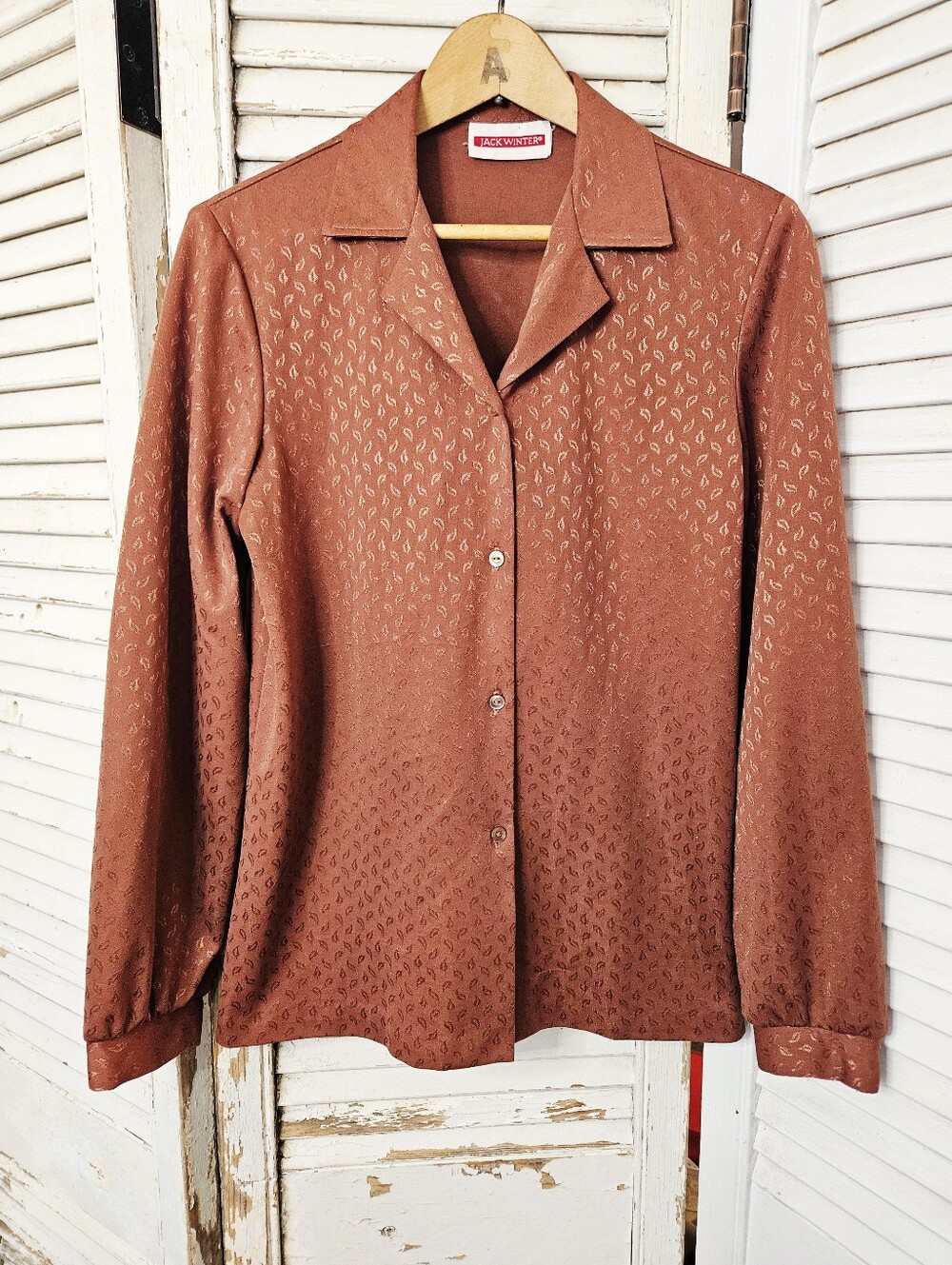Vintage 70s Jack Winter Caramel Brown Blouse With Textured Leaf Motif Small/Med
